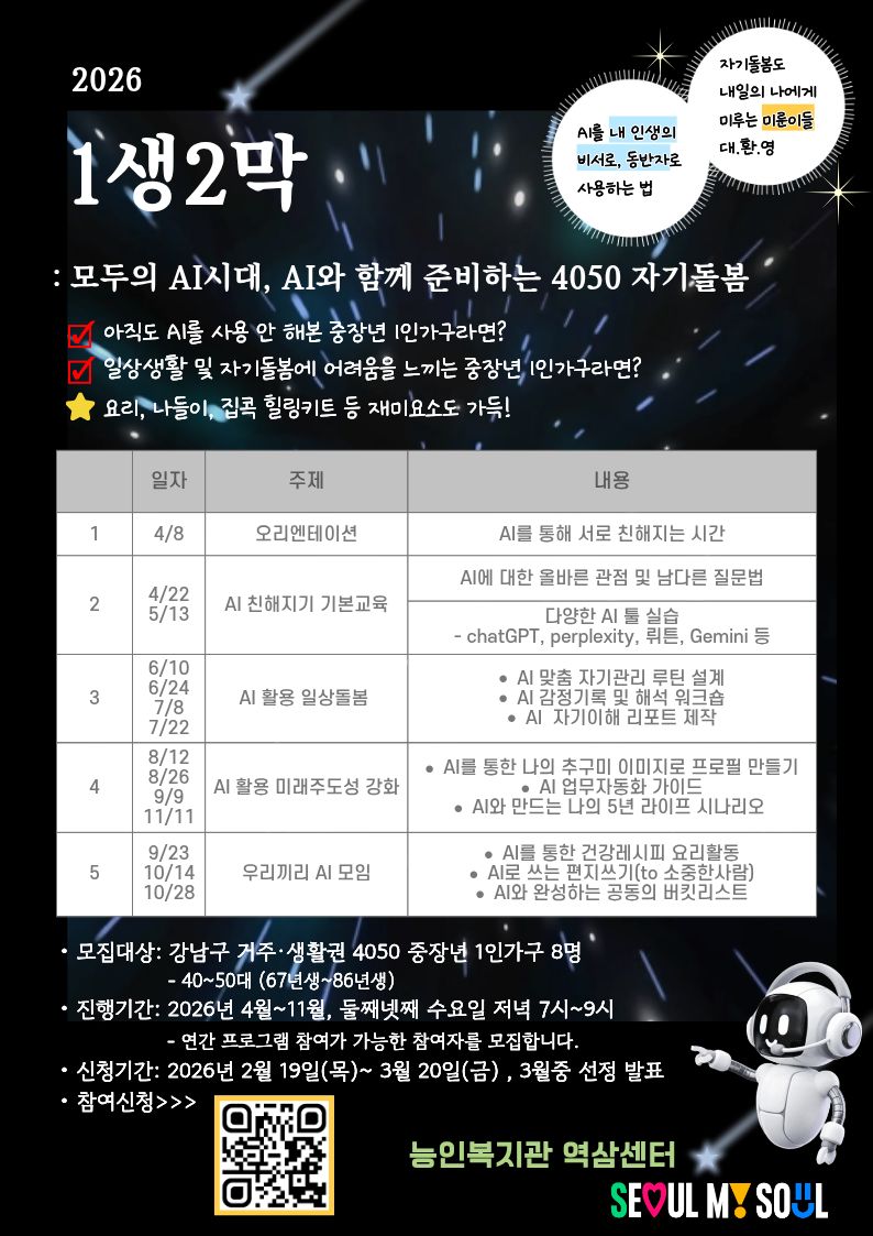 이미지 텍스트 추출 : 2026 1생2막 · 모두의 AI시대, AI와 함께 준비하는 4050 자기돌봄 ✔ 아직도 AI를 사용 안 해본 중장년 1인가구라면? ✔ 일상생활 및 자기돌봄에 어려움을 느끼는 중장년 1인가구라면? ★ 요리, 나들이, 집콕 힐링키트 등 재미요소도 가득! AI를 내 인생의 비서로, 동반자로 사용하는 법 자기돌봄도 내일의 나에게 미루는 미루인들 대.환.영 일자 주제 내용 1 4/8 오리엔테이션 AI를 통해 서로 친해지는 시간 2 4/22 5/13 AI 친해지기 기본교육 AI에 대한 올바른 관점 및 남다른 질문법 다양한 AI 툴 실습 - chatGPT, perplexity, 뤼튼, Gemini 등 3 6/10 6/24 7/8 7/22 AI 활용 일상돌봄 • AI 맞춤 자기관리 루틴 설계 • AI 감정기록 및 해석 워크숍 • AI 자기이해 리포트 제작 4 8/12 8/26 9/9 11/11 AI 활용 미래주도성 강화 • AI를 통한 나의 추구미 이미지로 프로필 만들기 • AI 업무자동화 가이드 • AI와 만드는 나의 5년 라이프 시나리오 5 9/23 10/14 10/28 우리끼리 AI 모임 • AI를 통한 건강레시피 요리활동 • AI로 쓰는 편지쓰기(to 소중한사람) • AI와 완성하는 공동의 버킷리스트 · 모집대상: 강남구 거주·생활권 4050 중장년 1인가구 8명 - 40~50대 (67년생~86년생) · 진행기간: 2026년 4월~11월, 둘째넷째 수요일 저녁 7시~9시 - 연간 프로그램 참여가 가능한 참여자를 모집합니다. · 신청기간: 2026년 2월 19일(목) ~ 3월 20일(금), 3월중 선정 발표 · 참여신청>>> 능인복지관 역삼센터 SEOUL MY SOUL