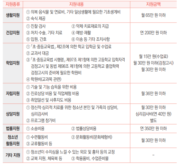 생활지원 ① 의복·음식물 및 연료비, 기타 일상생활에 필요한 기초생계비
② 숙식 제공 월 65만 원 이하
건강지원
① 진찰·검사 ② 약제·치료재료의 지급
③ 처치·수술, 기타 치료 ④ 예방·재활
⑤ 입원, 간호 ⑥ 이송 등 기타 조치사항
연 200만 원 이하
학업지원
① 「초·중등교육법」 제2조에 의한 학교 입학금 및 수업료
② 교과서 대금
③ 「초·중등교육법 시행령」 제97조 제1항에 의한 고등학교 입학자격
검정고시 및 동법 제98조 제1항에 의한 고등학교 졸업학력 
검정고시의 준비에 필요한 학원비
④ 학원비(교과목 관련)
월 15만 원(수업료)
월 30만 원 이하(검정고시)
월 30만 원 이하
자립지원
① 기술 및 기능 습득을 위한 비용
② 진로상담 비용 및 직업체험 비용
③ 취업알선 및 사후지도 비용
월 36만 원 이하
상담지원
① 정신적·심리적 치료를 위한 청소년 본인 및 가족의 상담비, 
심리검사비
② 프로그램 참가비
월 30만 원 이하
심리검사비(연 40만 원) 
별도
법률지원 ① 소송비용 ② 법률상담비용 연 350만 원 이하
청소년
활동지원
① 수련활동비 ② 문화활동비(문화체험비)
③ 교류활동비 등 월 30만 원 이하
기타 지원 ① 청소년이 수치심을 느낄 수 있는 외모 및 흉터 등의 교정
② 교복 지원, 체육복 등 ③ 학용품비, 수업준비물