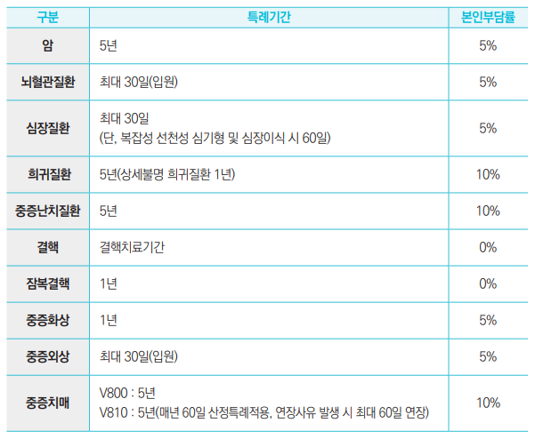 암 5년 5%
뇌혈관질환 최대 30일(입원) 5%
심장질환 최대 30일
(단, 복잡성 선천성 심기형 및 심장이식 시 60일) 5%
희귀질환 5년(상세불명 희귀질환 1년) 10%
중증난치질환 5년 10%
결핵 결핵치료기간 0%
잠복결핵 1년 0%
중증화상 1년 5%
중증외상 최대 30일(입원) 5%
중증치매 V800 : 5년
V810 : 5년(매년 60일 산정특례적용, 연장사유 발생 시 최대 60일 연장) 10