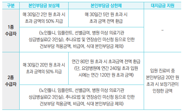 구분 본인부담금 보상제 본인부담금 상한제 대지급금 지원
1종
수급자
매 30일간 2만 원 초과 시
초과 금액의 50% 지급
매 30일간 5만 원 초과 시
초과 금액 전액 환급
- (노인틀니, 임플란트, 선별급여, 병원 이상 의료기관
상급병실료(2·3인실), 추나요법 및 연장승인 미신청 등으로 인한
건보부담 적용금액, 비급여, 식대 본인부담금 제외)
2종
수급자
매 30일간 20만 원 초과 시
초과 금액의 50% 지급
연간 80만 원 초과 시 초과금액 전액 환급
(단, 요양병원에 연간 240일 초과 입원
시에는 연간 120만 원 초과 금액)
입원 진료비 중
본인부담금 20만 원
초과 시 보장기관이
(노인틀니, 임플란트, 선별급여, 병원 이상 의료기관 인정한 금액
상급병실료(2·3인실), 추나요법 및 연장승인 미신청 등으로 인한
건보부담 적용금액, 비급여, 식대 본인부담금 제외)