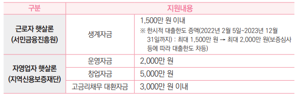 근로자 햇살론
(서민금융진흥원) 생계자금 
1,500만 원 이내
※ 한시적 대출한도 증액(2022년 2월 5일~2023년 12월
31일까지) : 최대 1,500만 원 → 최대 2,000만 원(보증심사
등에 따라 대출한도 차등)
자영업자 햇살론
(지역신용보증재단)
운영자금 2,000만 원
창업자금 5,000만 원
고금리채무 대환자금 3,000만 원 이내