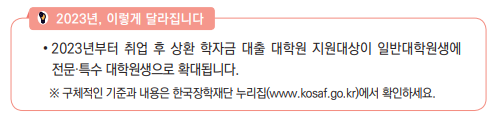 2023년부터 취업 후 상환 학자금 대출 대학원 지원대상이 일반대학원생에 전문·특수 대학원생으로 확대됩니다. ※ 구체적인 기준과 내용은 한국장학재단 누리집(www.kosaf.go.kr)에서 확인하세요.