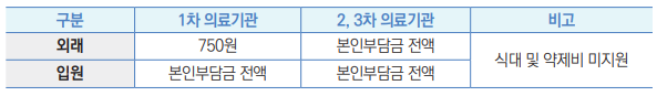 구분 1차 의료기관 2, 3차 의료기관 비고
외래 750원 본인부담금 전액 식대 및 약제비 미지원 입원 본인부담금 전액 본인부담금 전액