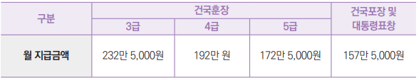 구분 건국훈장 건국포장 및
3급 4급 5급 대통령표창
월 지급금액 232만 5,000원 192만 원 172만 5,000원 157만 5,000원