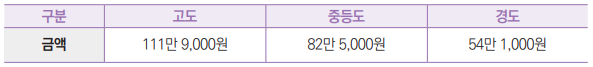 구분 고도 중등도 경도
금액 111만 9,000원 82만 5,000원 54만 1,000원